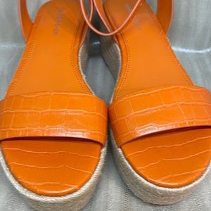 Marc Fisher Jenia Orange Croc Embossed Platform Wedge Espadrille Sandal